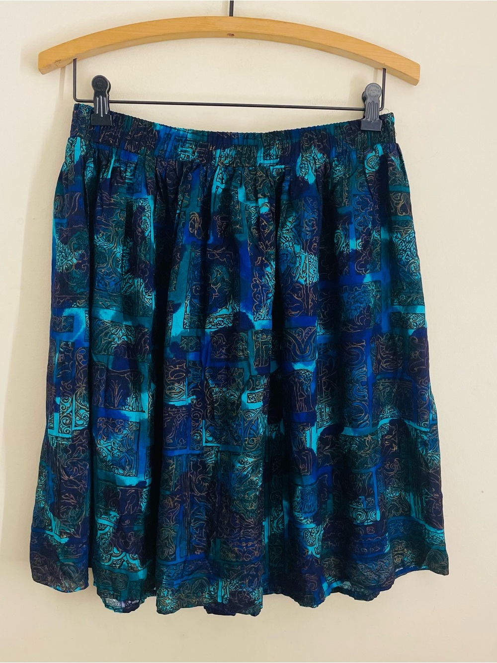 Maren Vintage Blue Abstract Paisley Midi Skirt size L Petite Elastic Waist USA